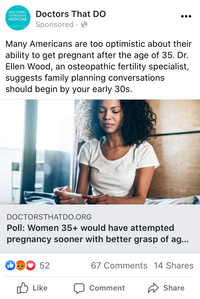 facebook ad about 35+ year old women and pregnancy