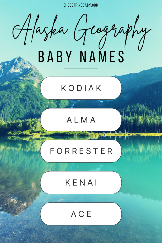 The background of the picture shows an Alaska lake and mountains in the background in a bluish green tint. The text says Alaska Geography Names: Kodiak, Alma, Forrester, Kenai, Ace