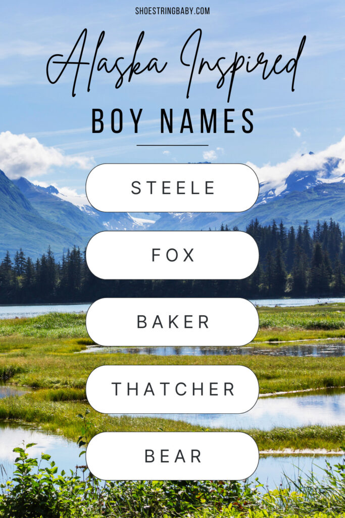 The picture in the background shows Alaska marsh-like land and mountains in the distance. The text says Alaska inspired boy names: Steele, Fox, Baker, Thatcher, Bear