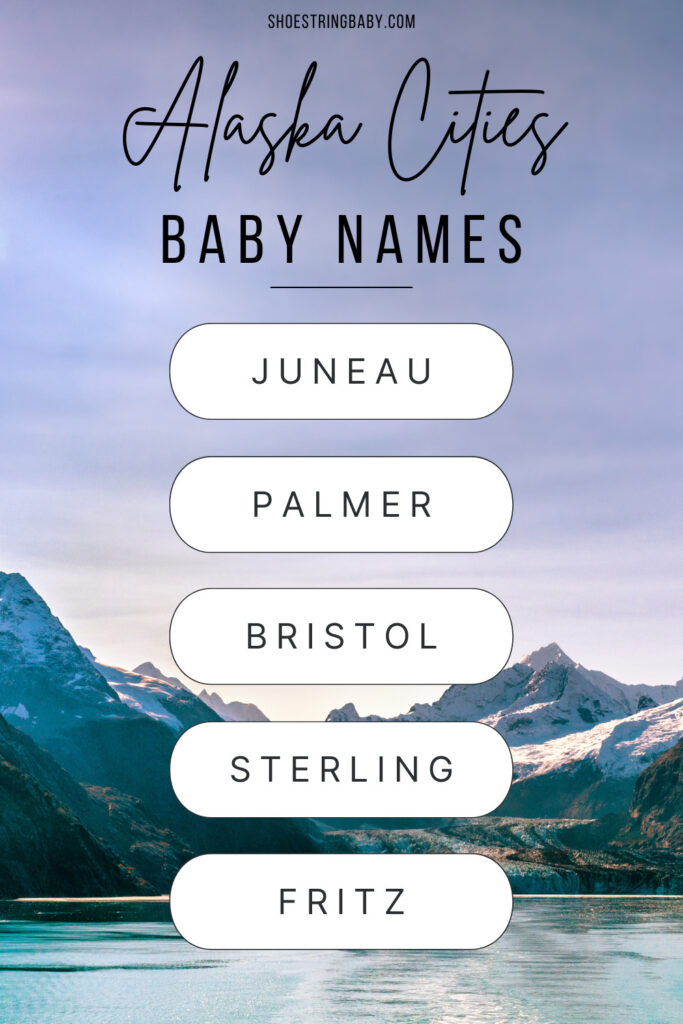 The background shows an alaska lake with mountains in the background. The text says Alaska cities baby names: Juneau, Palmer, Bristol, Sterling, Fritz