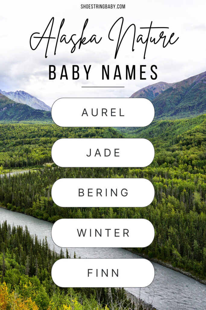 The background picture shows a river through a forest with mountains in the distance. The text says Alaska nature baby names: Aurel, Jade, Bering, Winter, Finn