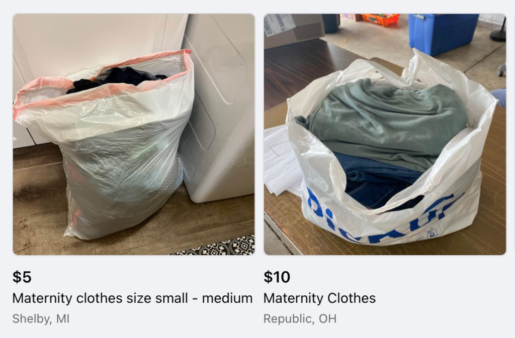 Buying maternity clothes by the bag to save money on Facebook Marketplace
