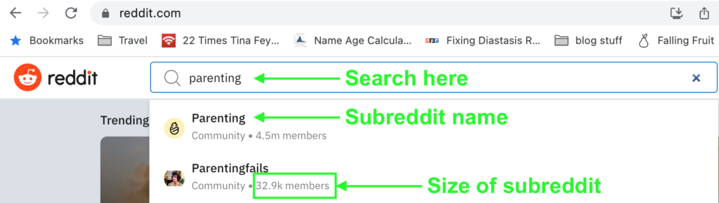 Screenshot of Reddit showing how to find parenting subreddits