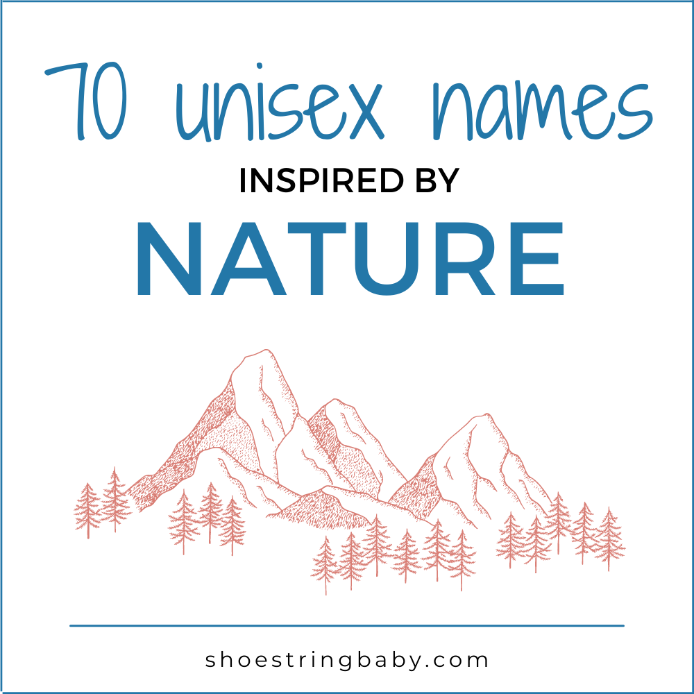 Text that says 70 unisex names inspired by nature with a graphic of mountains underneath