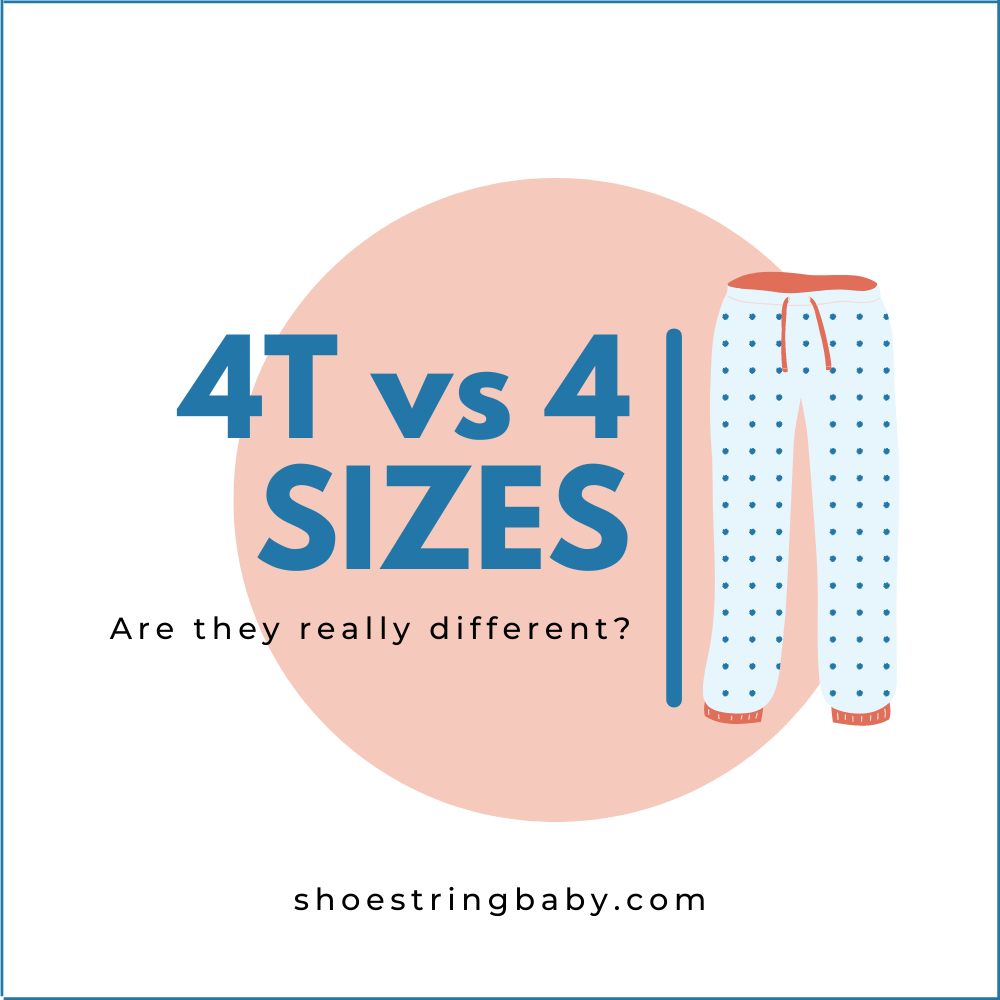 Text that reads "4T vs 4 sizes: are they really different?" on the left with a graphic of pj pants on the right. 