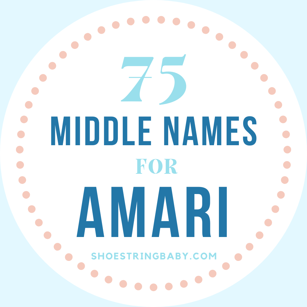 the frame is a white circle with small peach dots in a circle. in the center of the circle it says 75 middle names for Amari.