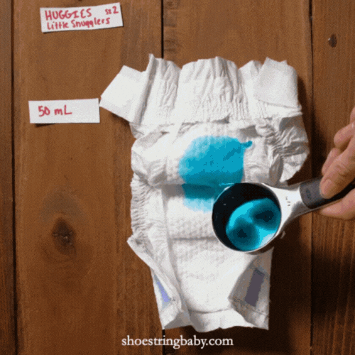 animation of huggies snuggler diaper absorbing liquid. Blue liquid is repeatedly poured over the diaper and the diaper gets fuller. The diaper is then cut in half to show the inner flipping. The animation loops continuously