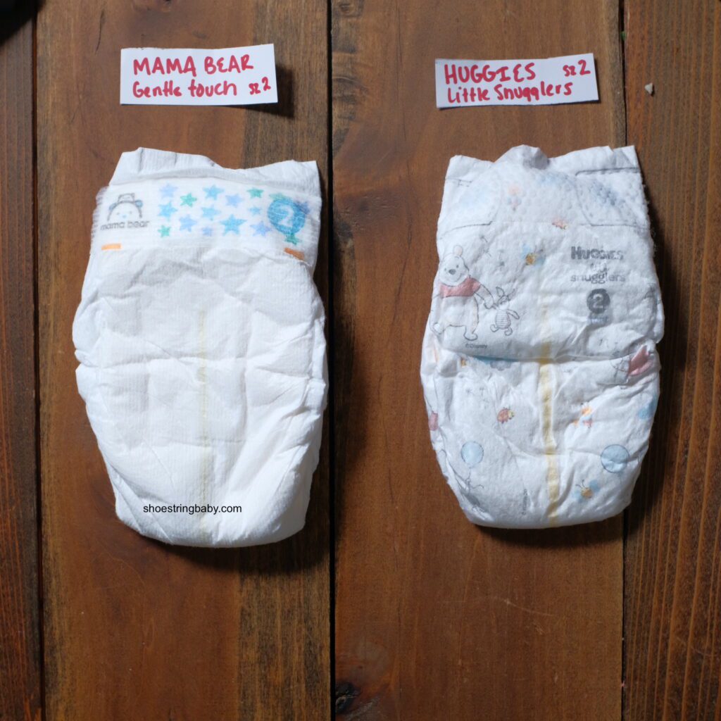 Photo showing Huggies little snugglers vs. Amazon Mama Bear gentle touch diapers side by side.