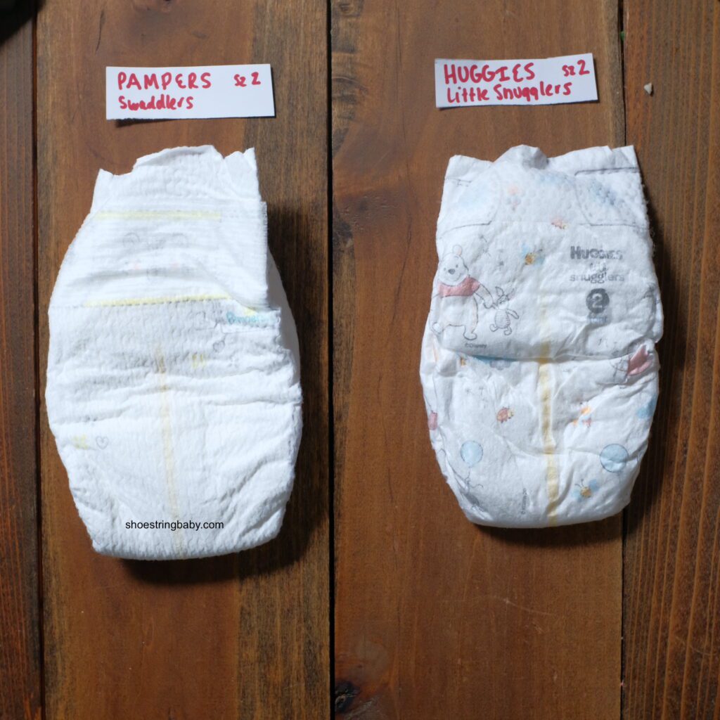 Pampers Swaddlers vs. Huggies Little Snuggles in side by side comparison.