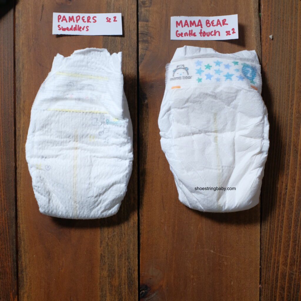 side by side comparison of pampers swaddlers vs. amazon mama bear diapers