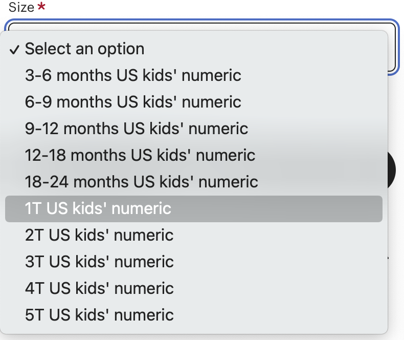 Example of 1T size overlapping with 12-month and 18-month sizes as available sizes for a piece of toddler clothes.