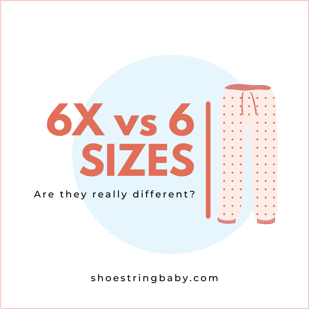 the text says "6X vs. 6 sizes: are they really different" with a graphic of pants to the right of the text. There is a light blue circle in the background