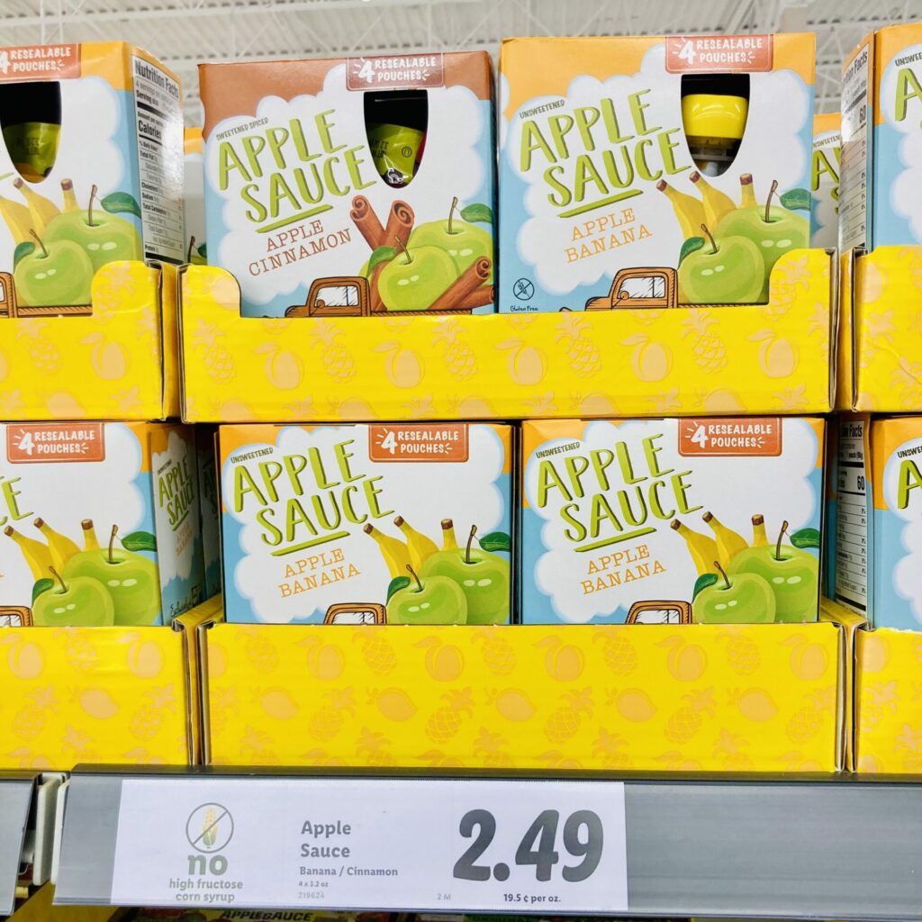 box of apple sauce toddler snack pouches at lidl for babies and kids