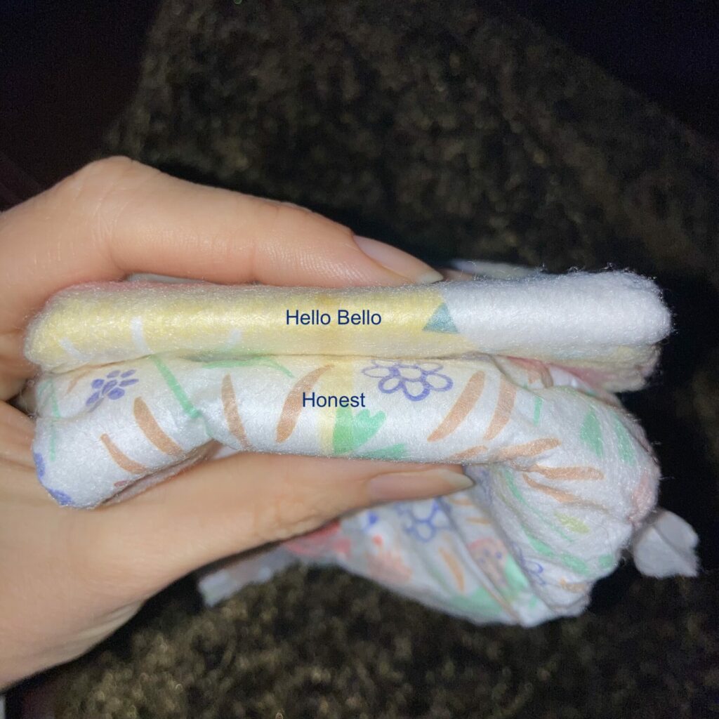 thickness of honest diapers vs. hello bello diapers.