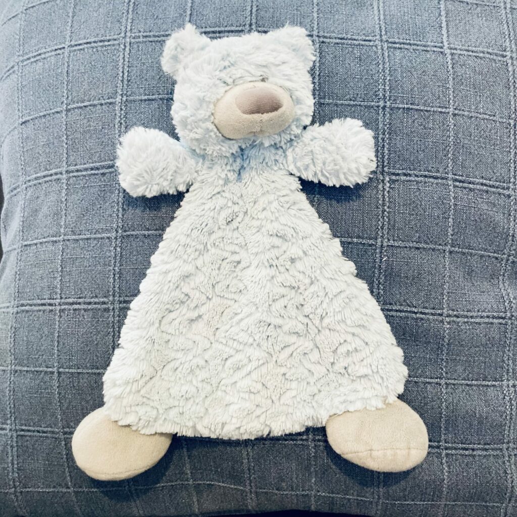 a fluffy blue teddy bear that is a thin rattle toy, against a checkered pillow