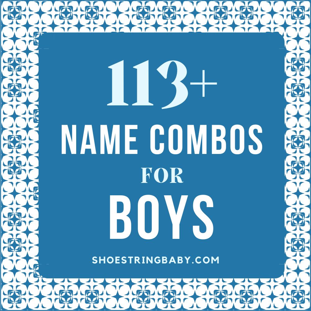 Light colored text that says 113+ Name Combinations for Boys against a blue background and a geometric patterened framing