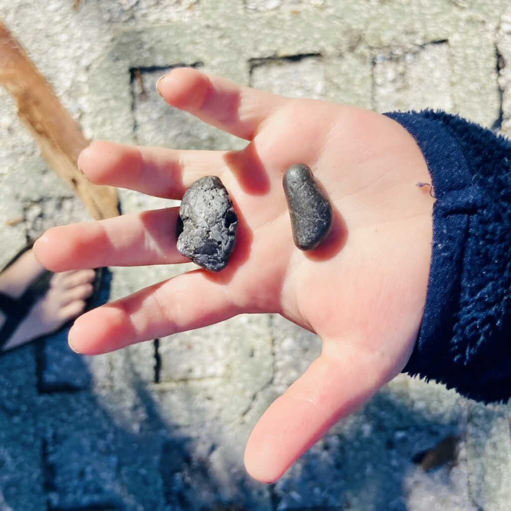 two pet rocks on a toddler's hand