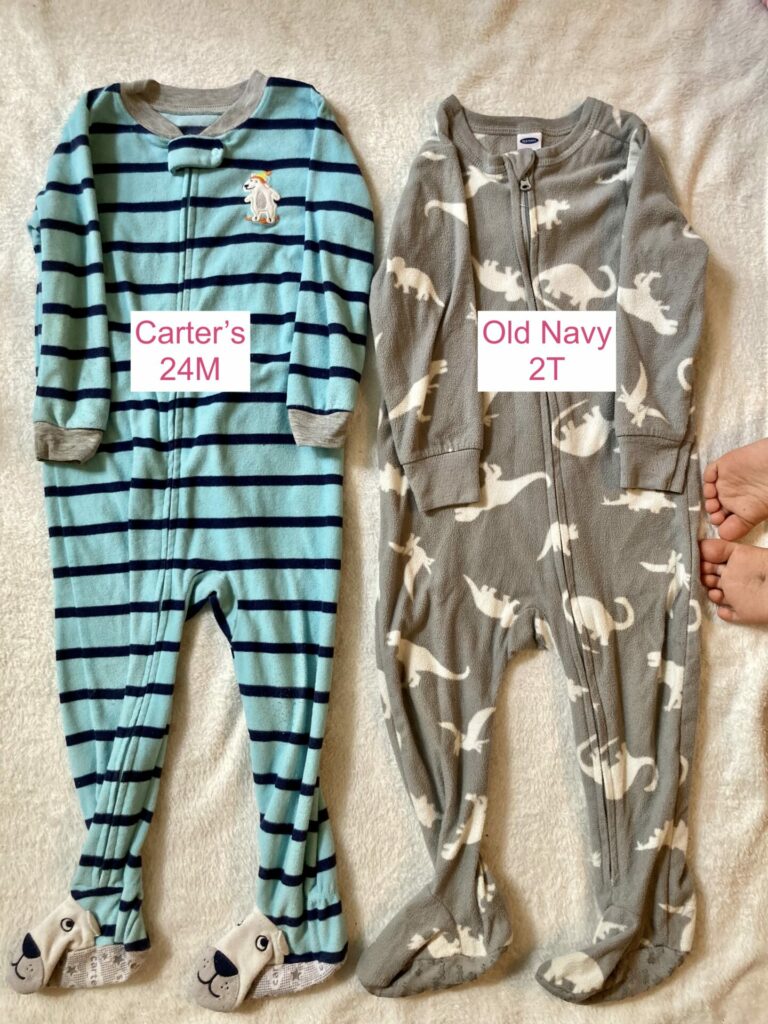 Carter's 24 month pajamas vs. Old Navy 2T pajamas
