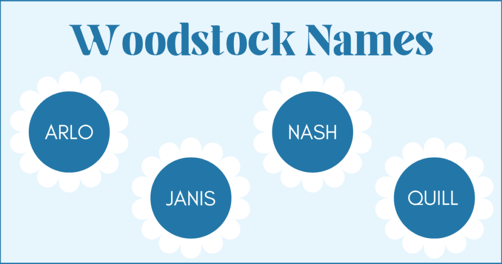 names inspired by woodstock: arlo, janis, nash and quill