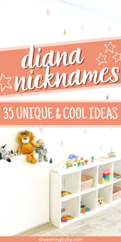 the text says diana nicknames with a picture of a playroom toy shelf underneath