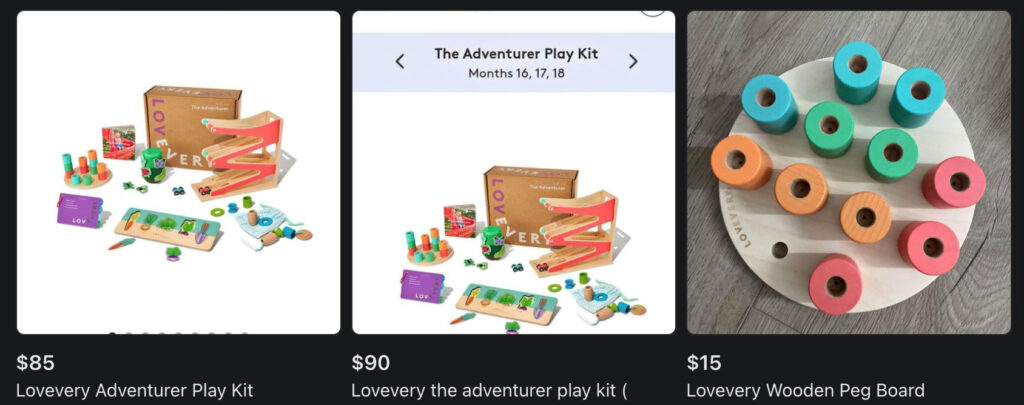 Examples of the resale prices of lovevery play kit (adventurer kit)