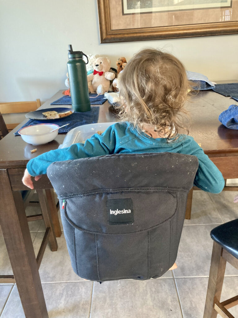 baby in a black inglesina high chair
