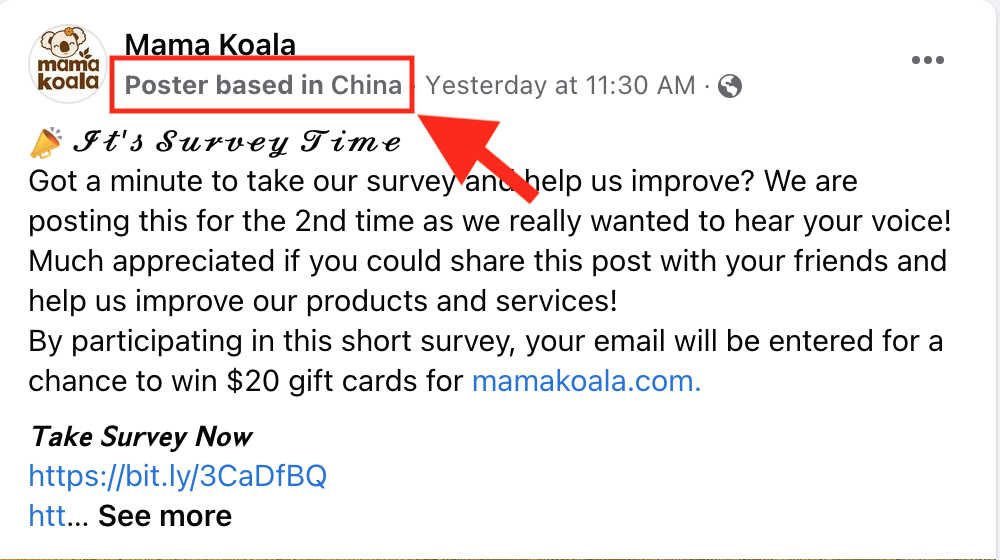 mama koala facebook post that shows "poster based in china"