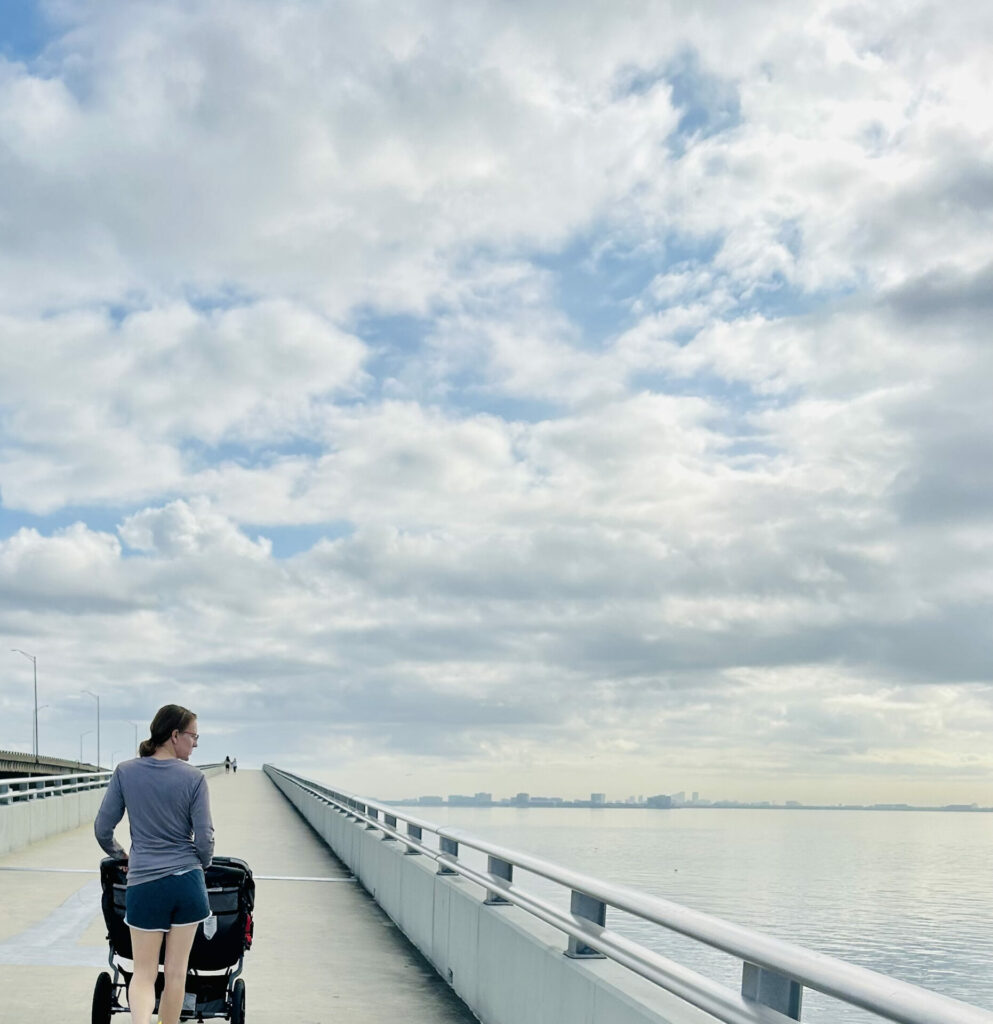 me on a bridge pushing a stroller