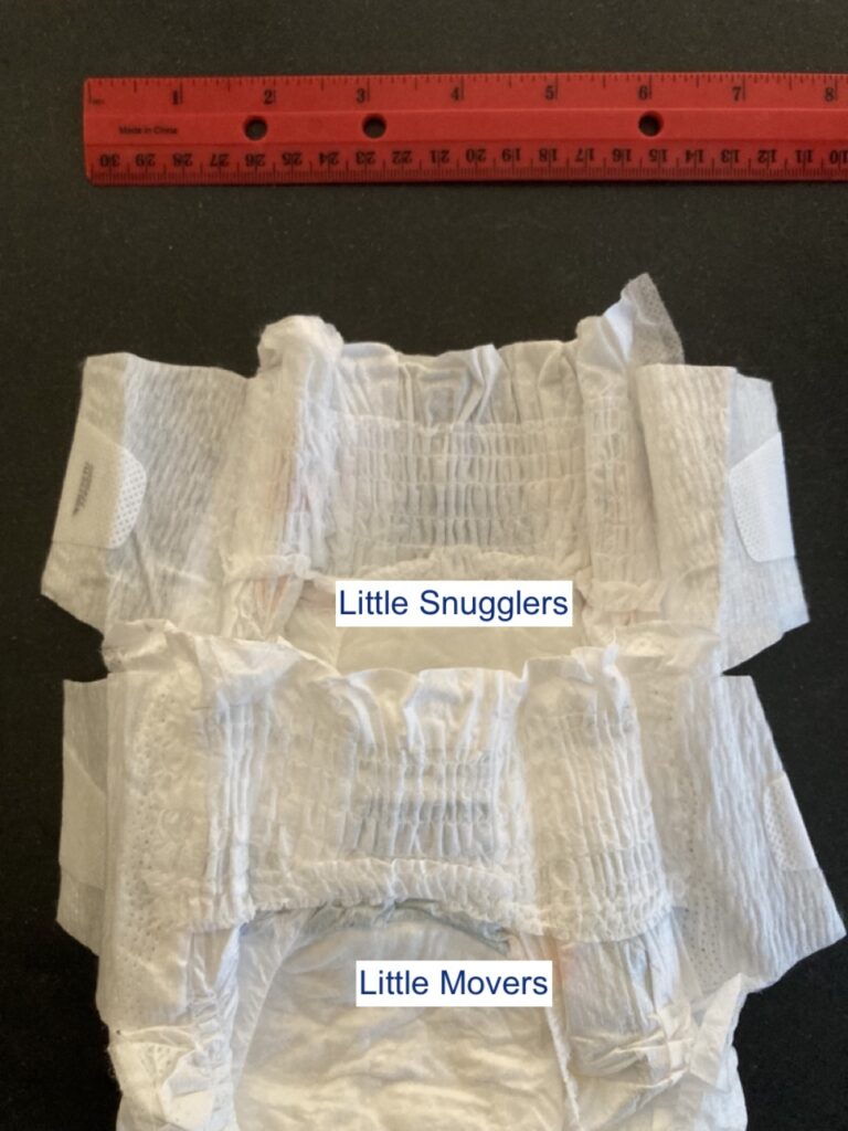 back waistbands of huggies diapers: little snugglers on top and little movers on bottom.