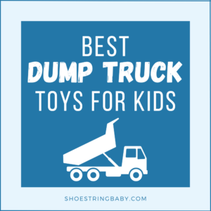 best dump truck toys for kids in white text against a blue background, with a white dump truck graphic underneath