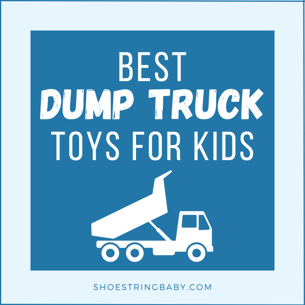 best dump truck toys for kids in white text against a blue background, with a white dump truck graphic underneath