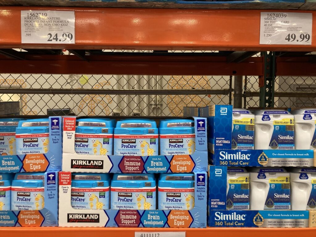 kirkland formula on the shelves at my local costco with the price tags above them.