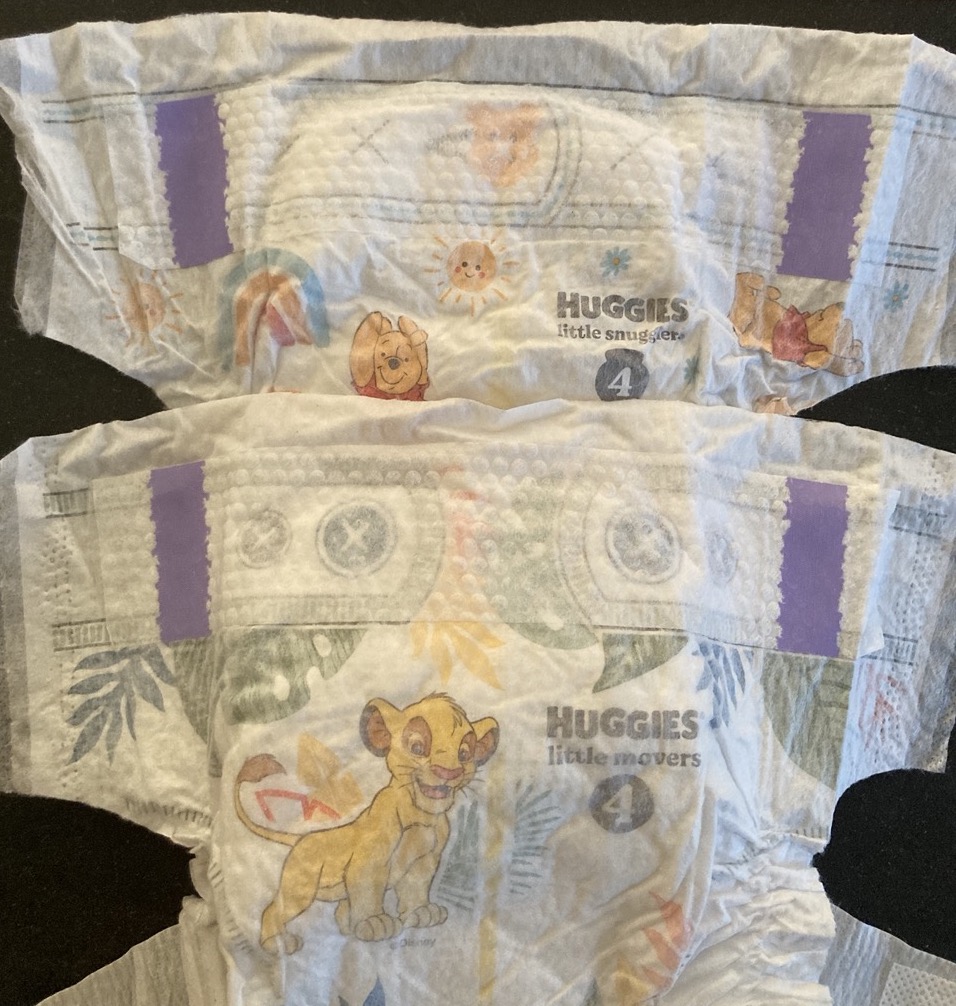 front waistbands of huggies diapers: little snugglers on top and little movers on bottom