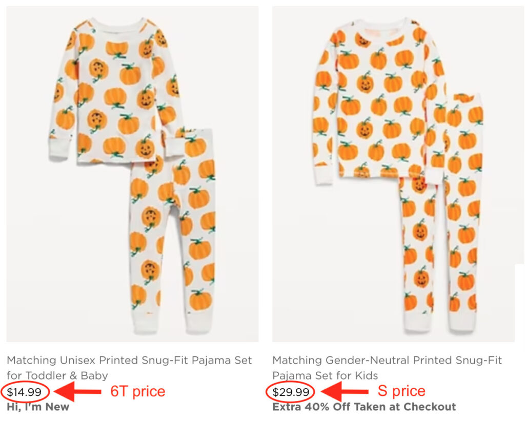 Screenshot of old navy website showing two sets of pumpkin patterned pajamas and their different prices. The toddler set is priced about half the cost of the kids set.