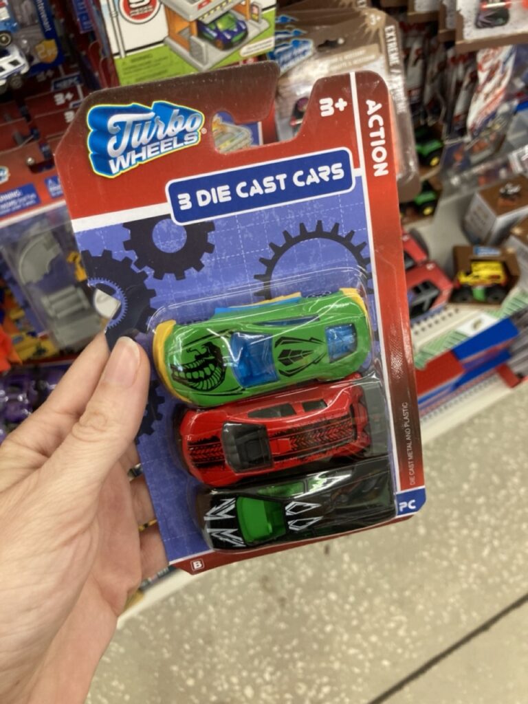 dollar tree 3-pack of die cast cars in green, red and black