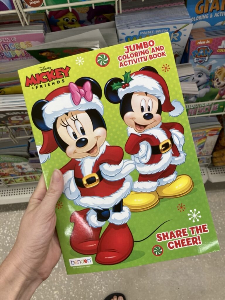 minnie and mickey mouse jumbo coloring book cover, with minnie and mickey in santa costumes on the cover.