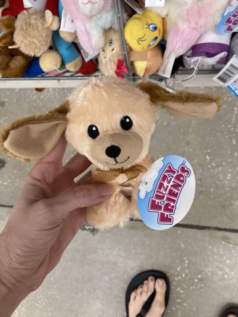 a hand holding a small stuffed brown puppy