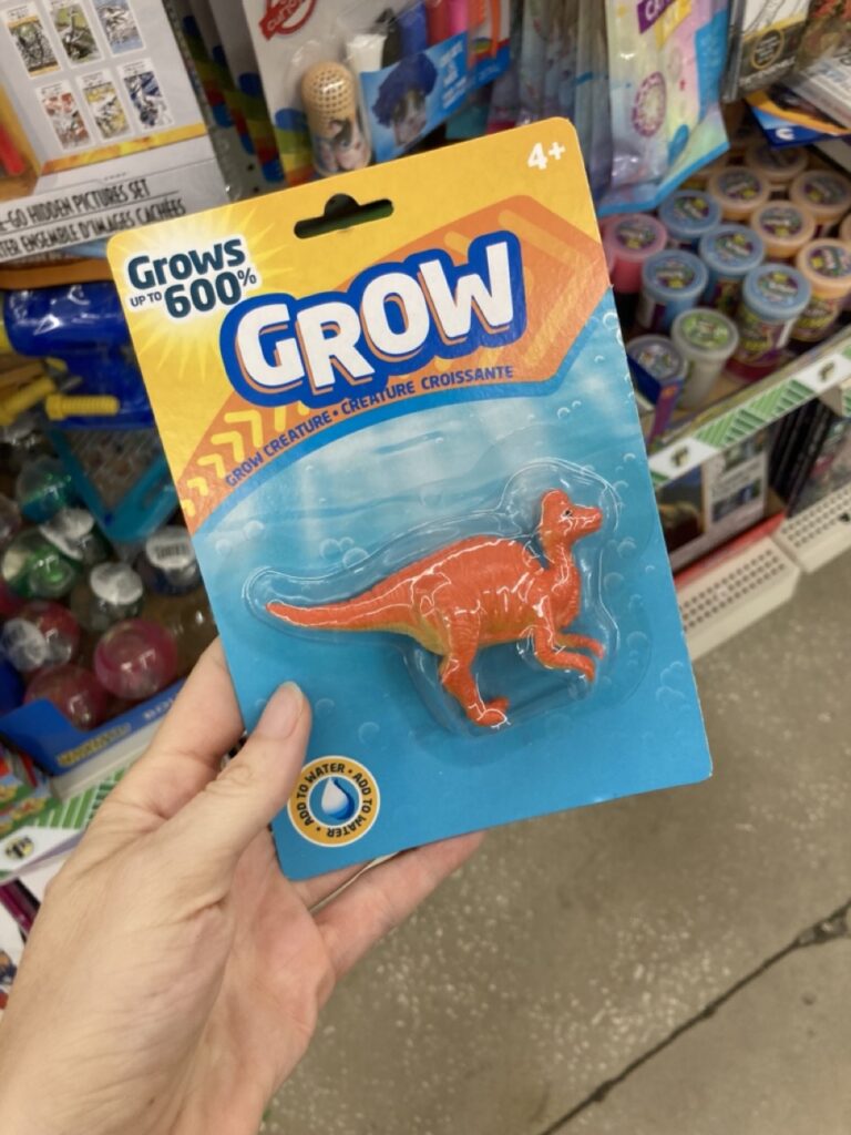 a grow dinosaur toy in its package at the dollar tree