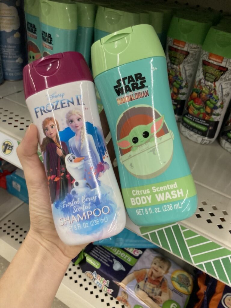 a bottle of frozen 2 shampoo and star wars baby yoda body wash