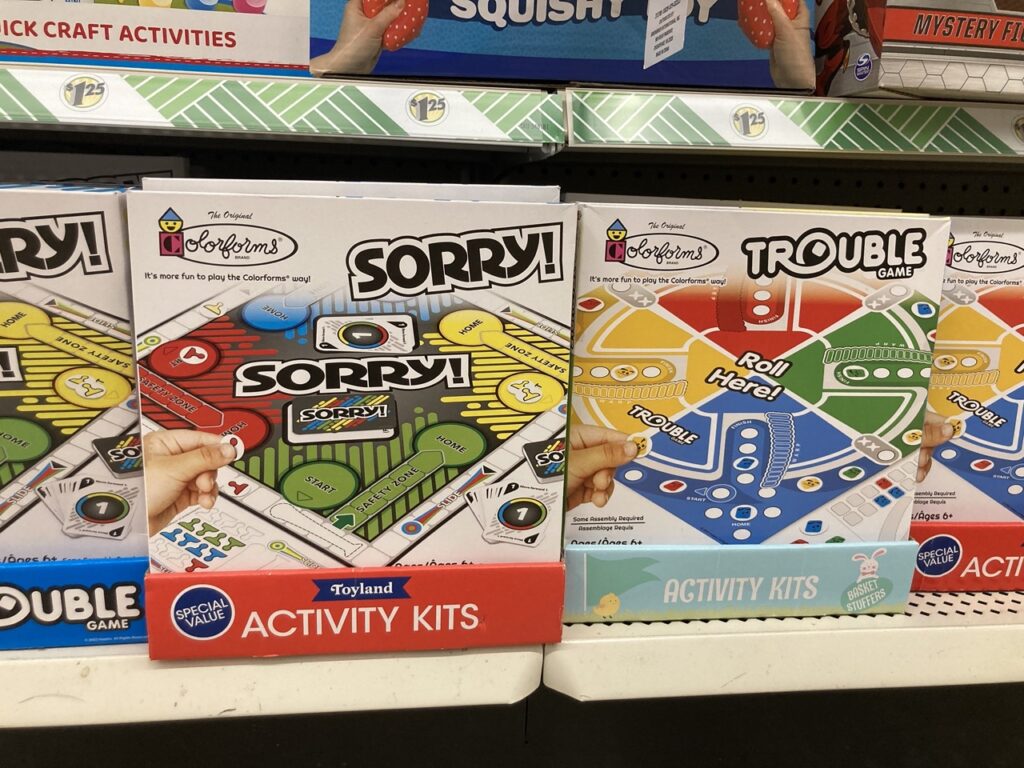 travel board games Sorry and Trouble on the shelf at the dollar store