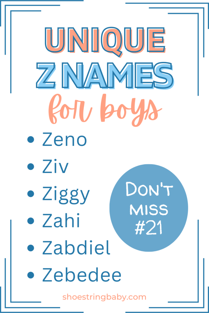 This image is of text that says Unique z names for boys: zeno, ziv, ziggy, zahi, Zabdiel, Zebedee