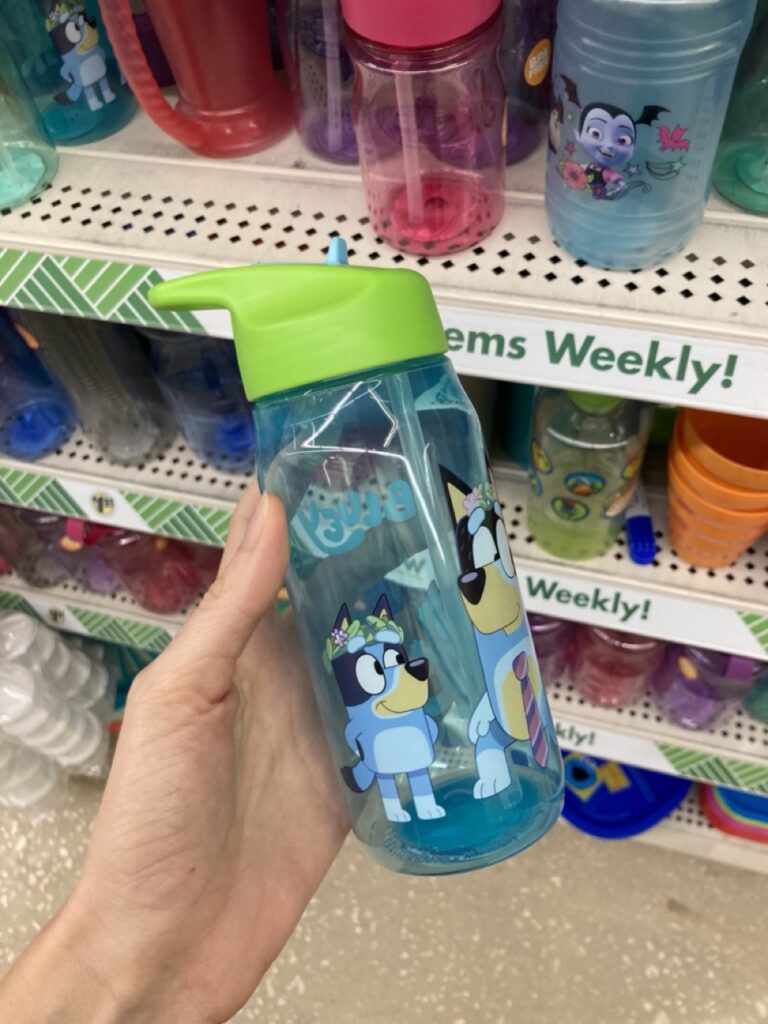 a bluey water bottle that is blue with a green lid