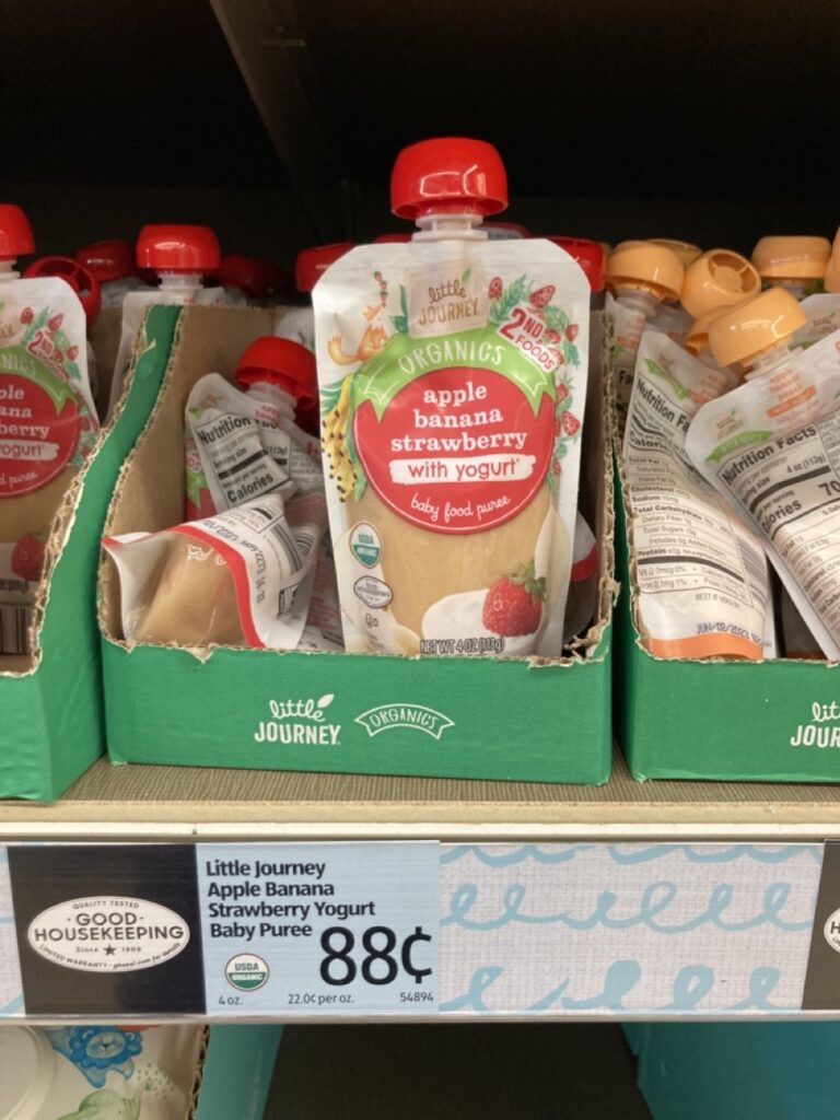 aldi baby food pouches on the shelf