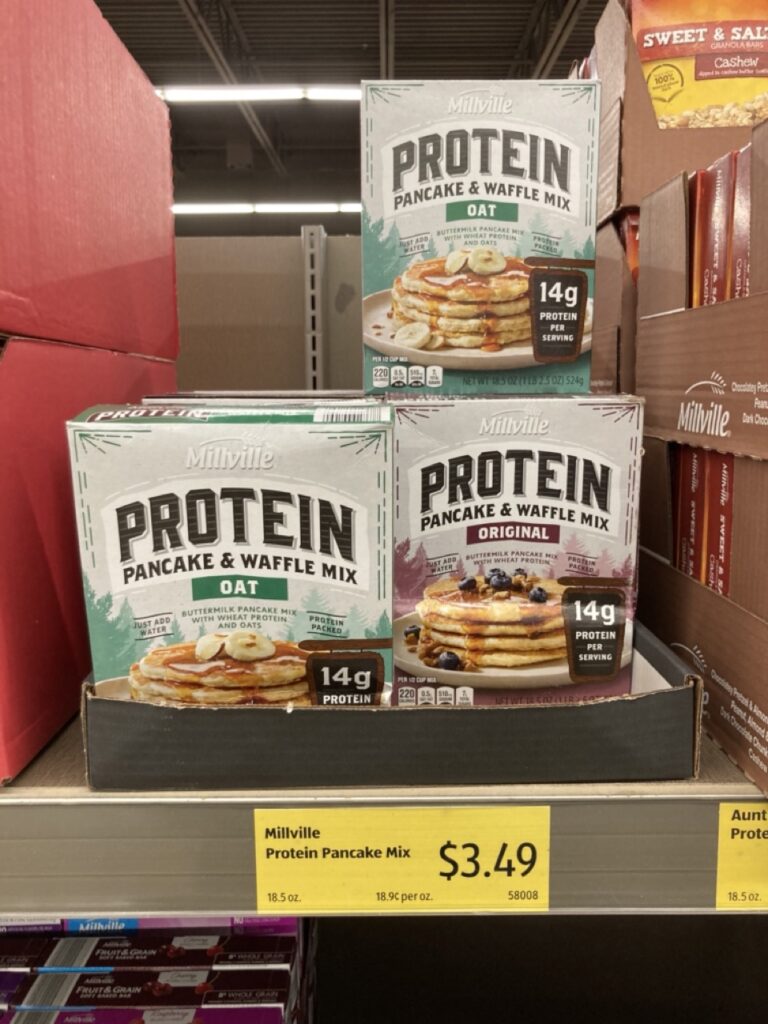 aldi brand protein pancake and waffle mix boxes