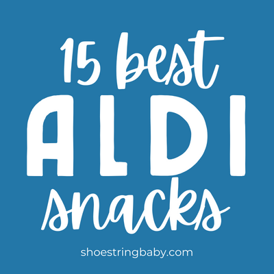 the background is teal and the white text says 15 best aldi snacks