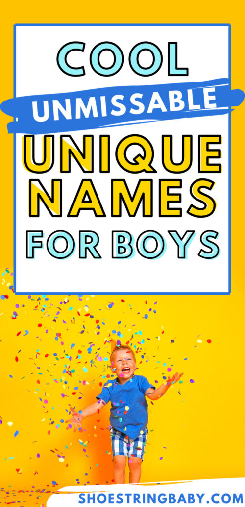 The text says "Cool, unmissable unique names for boys" and the backgorund picture shows a boy throwing confetti