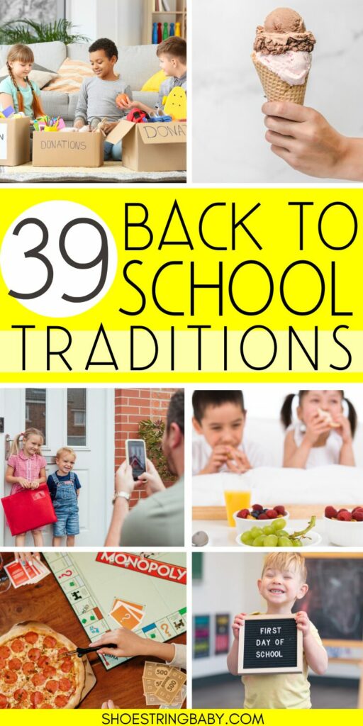this is a collage of back to school activities like getting ice cream, a pizza game night, kids taking a photo by the front door and a child holding a letter board. the text says 39 back to school traditions