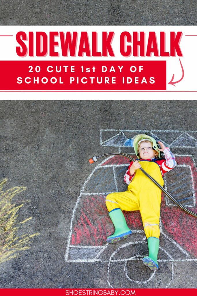 The photo shows a boy dressed like a firefighter laying on a sidewalk chalk drawing of a fire truck. The text says back to school photo ideas: sidewalk chalk