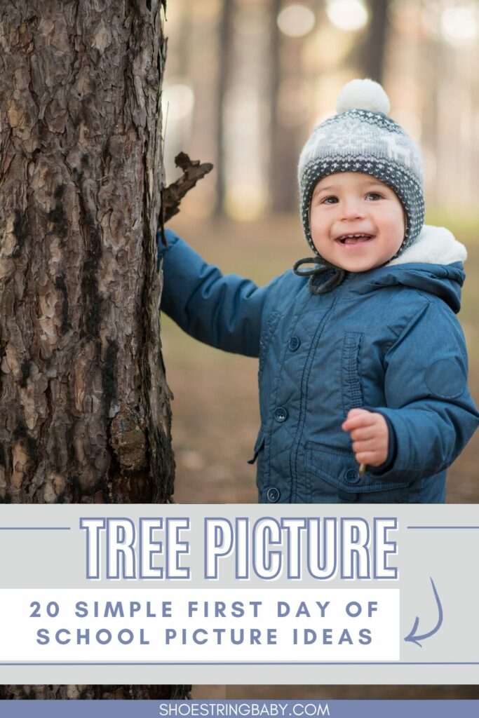 The picture shows a toddler in winter clothes with his hand on a tree trunk. The text says back to school photos: tree picture