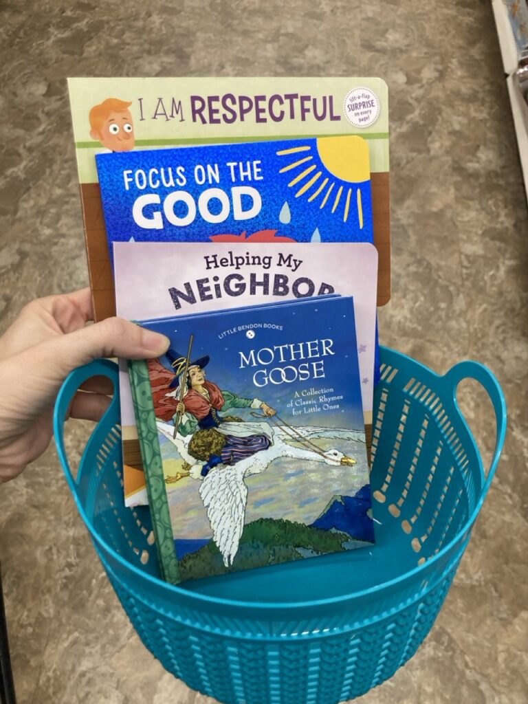 This picture is of a small plastic basket filled with children's books being held by a hand in an aisle at the dollar store